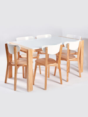 MESA ALTA PATAS RECTAS PARA?SO Y BLANCO + 6 SILLAS CHERLYN